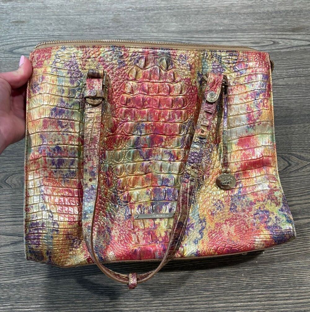 Brahmin Womens Tote Bag Croc Embossed Metallic Zip-Top Multicolor One Size